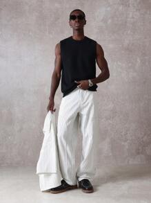 SUMWON High Rise Carpenter Skater Pants Wide Leg Striped Twill Streetwear Workwear Utility Casual Relaxed Fit Fall Winter Fashion - Black and White - View 1