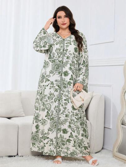 Al Najma 大码女式全印花V领优雅长袖土耳其和阿拉伯传统长款开衫，端庄的卡夫坦