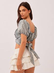 WESTFADE Summer Floral Patterned Lace Printed Chambray Square Neck Short Puff Sleeve Cute Bow Back Crop Denim Top Spring Break Beach Vacation