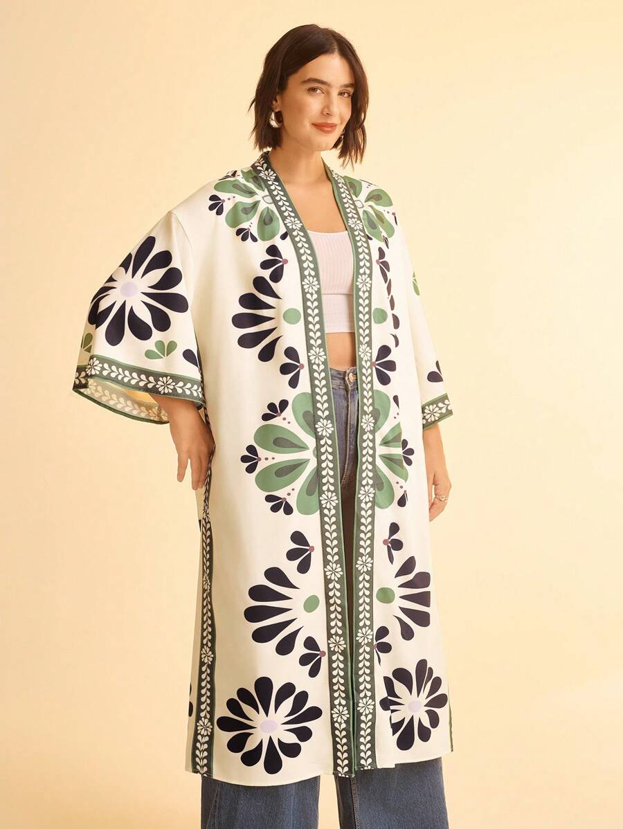 CAJUNI Plus Size Women's Boho Tropical Vintage Print Loose Beach Cover-Up Cover Up With Wide Sleeves, Holiday Clothes, Vacation Outfits Woman, Festival - Multicolor - View 1