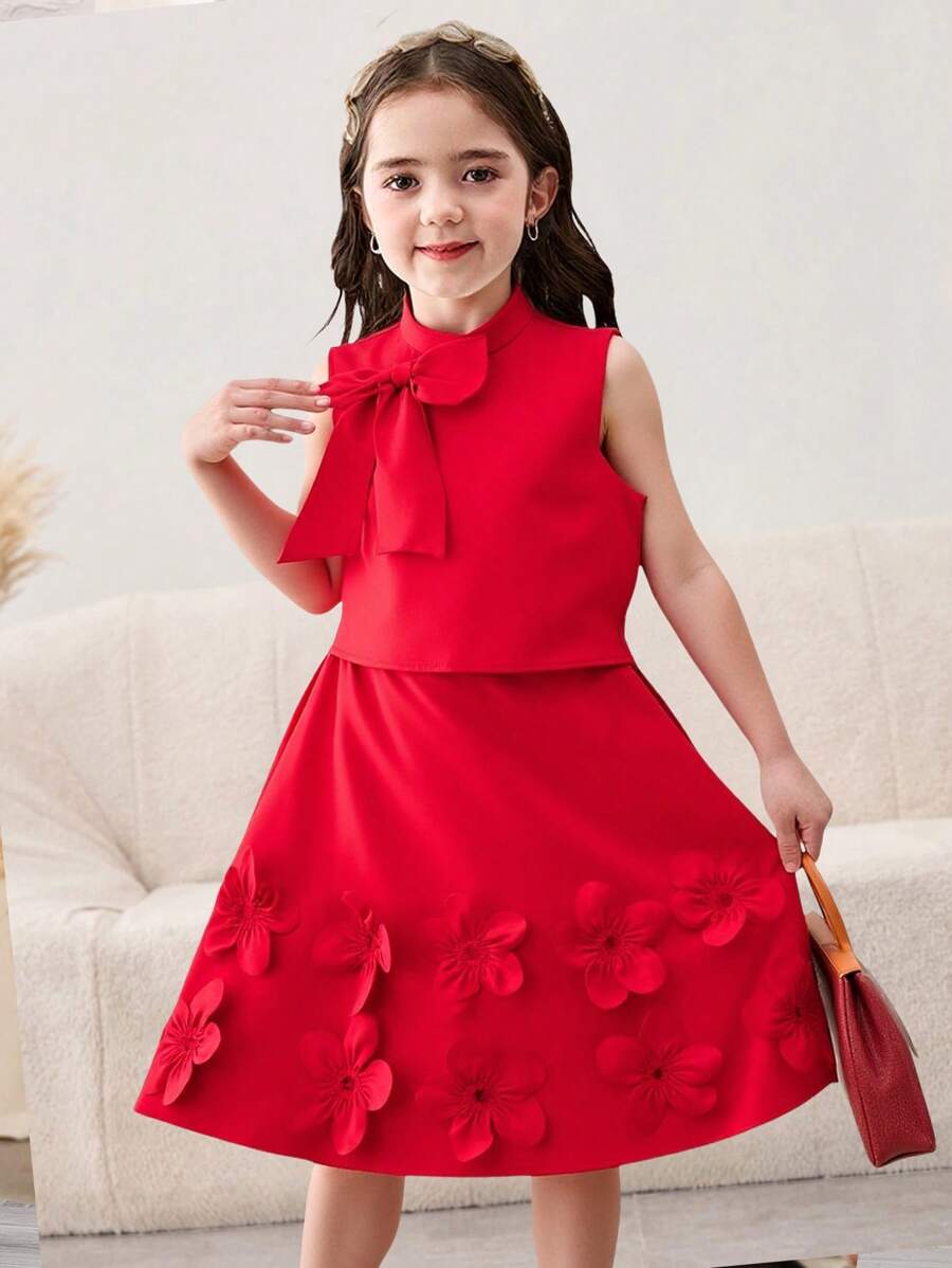 SHEIN 2pcs Young Girl Set: Simple Comfortable Round Neck Sleeveless Top With 3D Bow Decoration And Skirt - Red - View 1