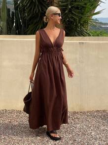 Livesso Women Colorblock V-Neck Cinched Waist Flare Long Dress, Summer Linen