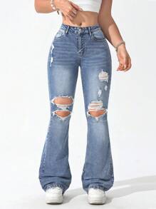 Flexra Quần Jeans Ống Loe Nữ, Thời Trang Cho Mùa Hè - Rửa trung bình - Xem 6