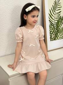 SHEIN Leap Crew Young Girl Casual Fitted Elegant Minimalist Bow Decor Puff Short Sleeve Loose A-Line Splice Frill Trim Round Neck Relaxed Woven Solid Color Dress - Apricot - View 5