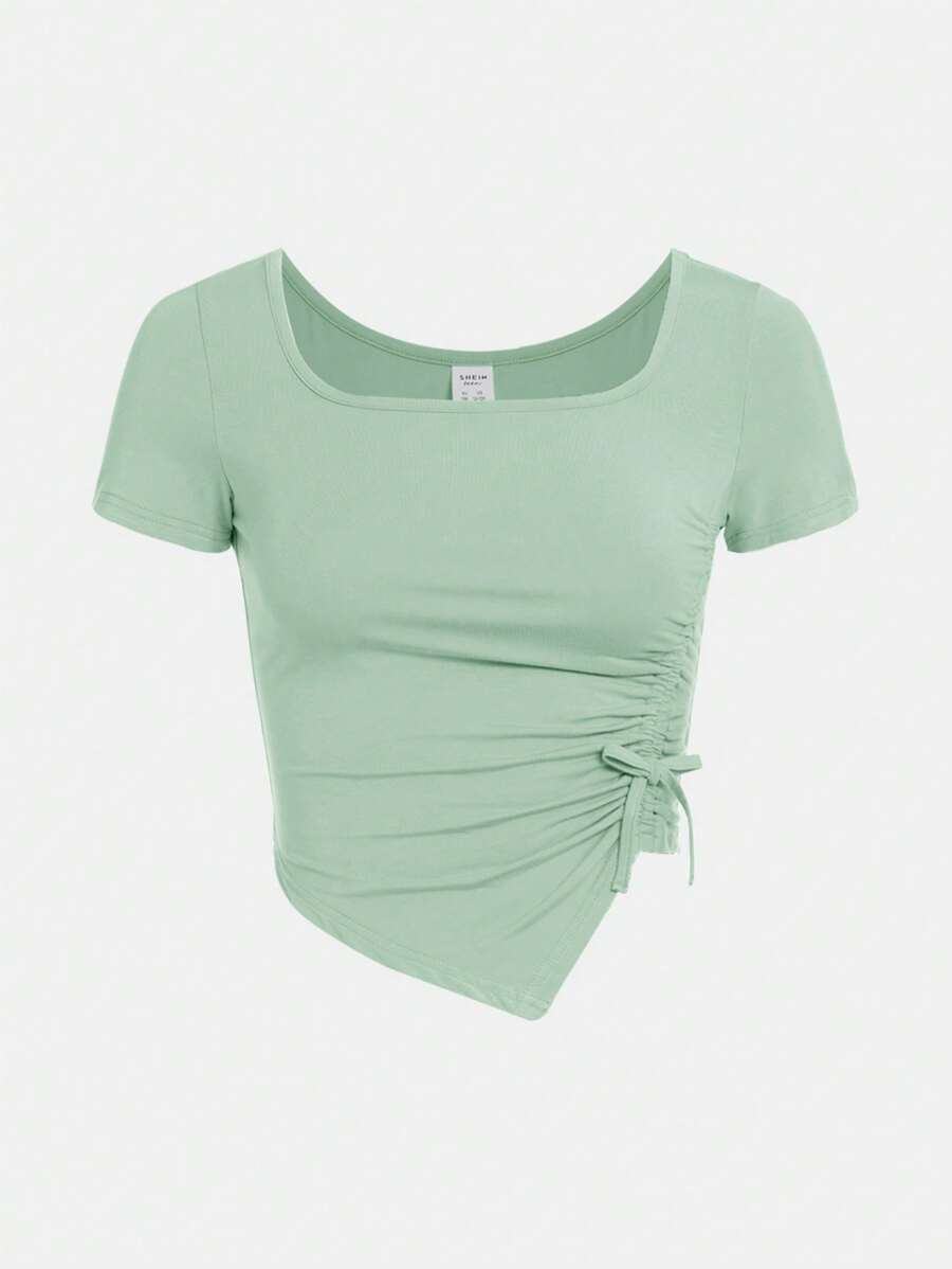 SHEIN Girlism Áo thun tay ngắn cổ vuông có dây rút eo bất đối xứng dành cho bé gái tuổi teen - Màu xanh Bạc hà - Xem 1