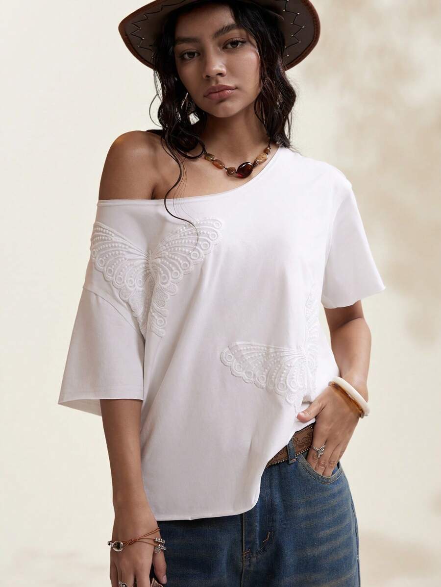 Easelle Áo thun nữ dáng rộng thêu hình bướm màu trắng, phong cách Bohemian mùa hè mới 2025 - trắng - Xem 1
