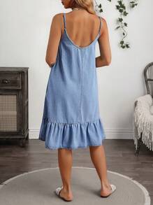 Breezaya 女士荷叶边下摆宽松吊带休闲牛仔连衣裙 - 藍色 - 查看 2