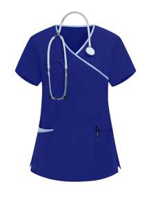 TaskEZ Contrast Trim V-Neck Short Sleeve Top And Pants Scrubs Set - Deep Blue - View 4