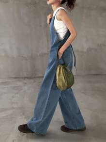 FRIFUL 女式直筒海军蓝纽扣式吊带牛仔背带裤和连体裤，春季 - 淺色水洗藍 - 查看 4