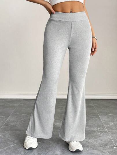 SHEIN PETITE Women's Elegant Light Grey Rib-Knit Flare Leg Long Pants: Stylish Knitted Trousers For A Chic Look