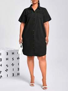 EMERY ROSE Vestido vaquero de manga corta y abotonado al frente, de color liso y talla grande, apropiado para el verano