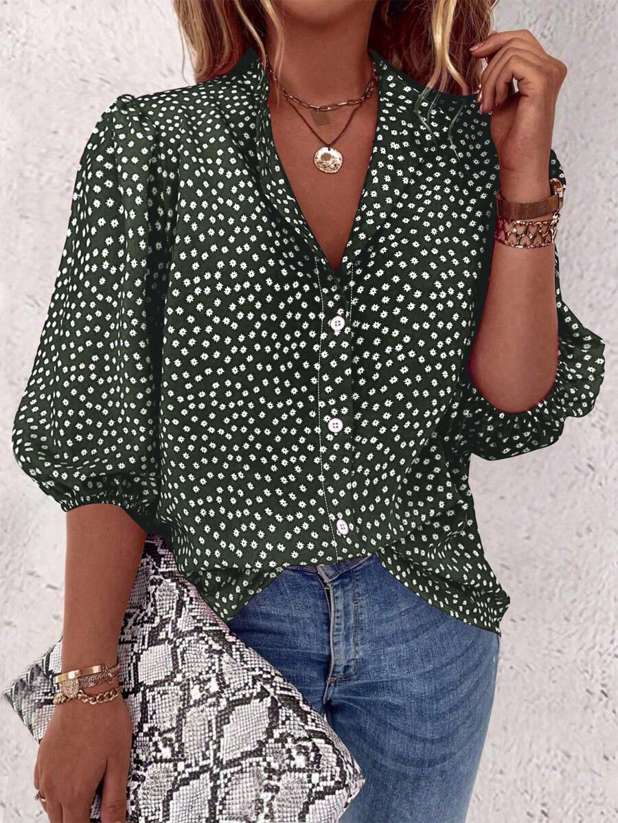 EMERY ROSE Camisa casual de manga media con un solo botón y estampado floral para ropa de Año Nuevo - Verde militar - Ver 1