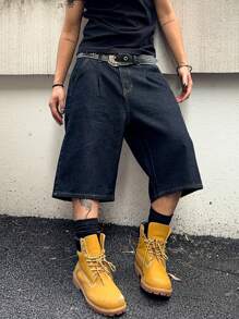 Manfinity Hypemode Men's Casual Denim Wide Leg Bermuda Shorts, Fashionable For Summer