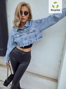 SHEIN ICON Casual Distressed Cut-Off Denim Jacket - Blue - View 5