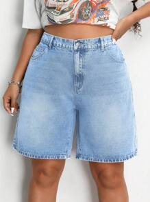 SHEIN ICON Plus Size Women's Loose-Fit Casual Denim Shorts With Pockets Autumn Outfits For Women Festival Outfits Bermuda Shorts Casual