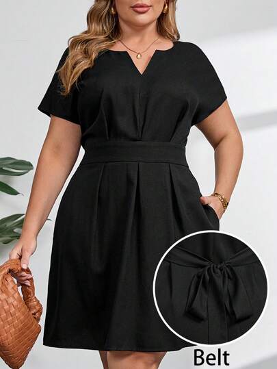 SHEIN Clasi Plus Size Solid Color Notched Neck Waist Tie Elegant Women's Summer Dress,Summer Outfits For Women,Black Dress,Graduation Dress,Formal Dresses For Women, Women Dresses Party, Woman Easter Dress,Office Outfits For Women