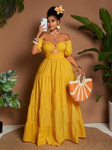 Maweii Vestido de hombros descubiertos de unicolor, tamaño grande, de moda para el verano - Amarillo - Ver 5