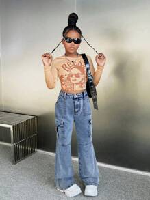 SHEIN Y2K 朋克街头服饰复古水洗休闲牛仔喇叭工装裤，适合青少年女孩 - 淺色水洗藍 - 查看 4
