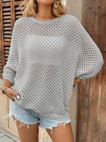 EMERY ROSE Jersey de mujer suelto y casual de cuello redondo, mangas de murciélago, calado, color albaricoque, para primavera/otoño - Gris - Ver 3
