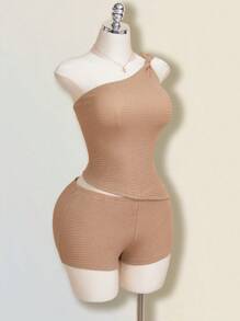 SHEIN ICON Bộ 2 món áo xoắn một bên vai cỡ lớn và quần short cạp cao, lễ tốt nghiệp, quần áo trở lại trường, trang phục nghỉ hè - Lạc đà - Xem 8
