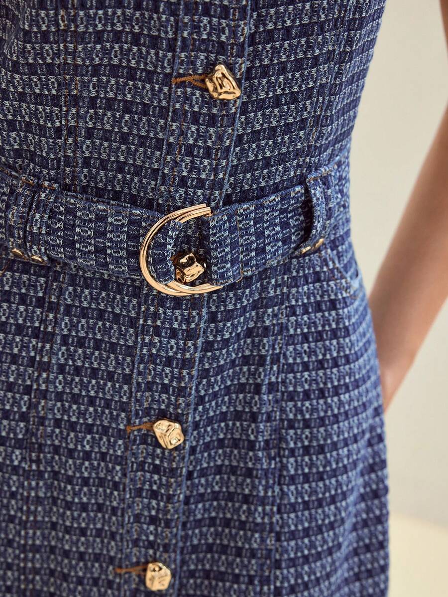 MOTF STUDIO BUTTON FRONT BELTED DENIM DRESS