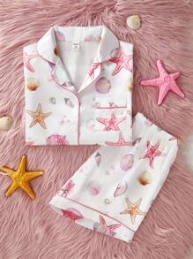 SHEIN 2 件套 Tween 女童绉绸缎面贝壳蝴蝶结短袖开衫和短裤套装，度假风格休闲家居服 - 彩色 - 查看 8