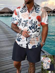 Manfinity Swimmode Men's Shirt And Shorts Set, Fashionable For Summer Men Swim Trunks - Multicolor - View 1