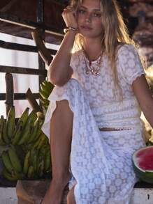 Aralina Lace White Boho Ruched Shirring Waist Summer Vacation Top - White - View 9