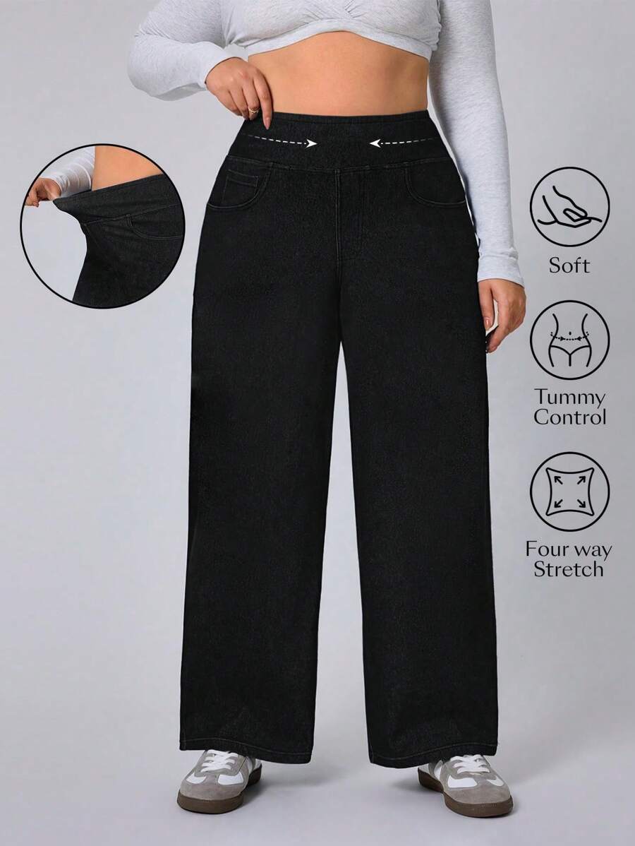 Flexra Quần Jeans Co Giãn Lưng Cao Trơn Đơn Giản Thường Ngày Cho Nữ Cỡ Lớn - màu đen - Xem 1