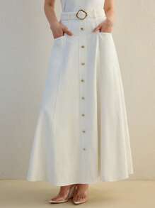 MOTF STUDIO BUTTON DECOR BELTED SKIRT