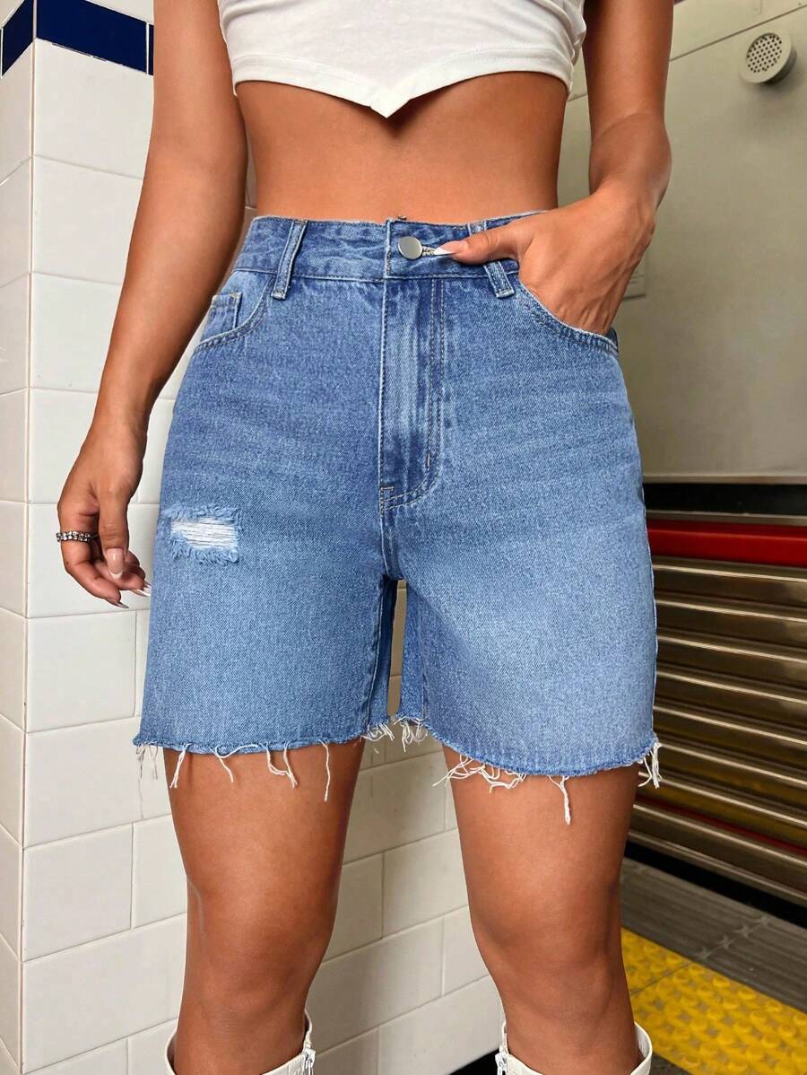 SHEIN ICON Simple Solid Color Distressed Washed Denim Shorts, Suitable For Summer - Medium Wash - View 1
