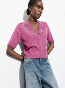 Maija 2025 Autumn/Winter New Design Knitted Cardigan With Crystal Buttons, Elegant Modern Romantic Casual For Party, Wedding, Countryside Concert, Airport, Business, Daily Wear, Versatile Sweater For Women, Christmas Women's Clothing, Pink