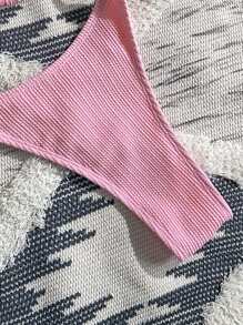 Swim Vcay 2 件套女士度假休闲纹理拼色金属外壳装饰性感三角杯航海风格粉色比基尼套装，适合夏季