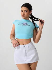 SHEIN PETITE Women's Plain Denim Shorts, Fashionable For Summer
