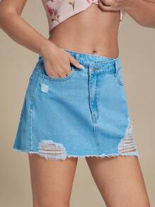WESTFADE Mini jupe en jean déchirée avec taille croisée, pour festival, Nashville, été, cowgirl, rodéo - Jean clair - Voir 4