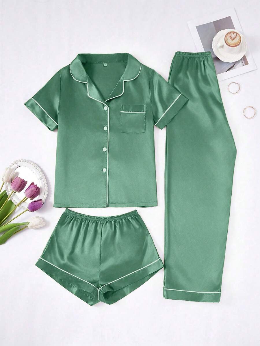 3 PiecesWomen's Contrast Color Trim Solid Color Faux-Silk Pajama Set - Dark Green - View 1