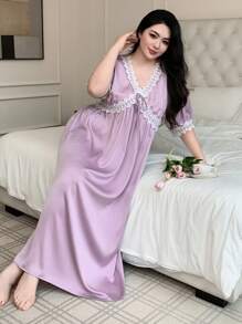 Dazy Plus Plus Size Purple Contrast Lace V-Neck Loose Long Nightgown Pajama - Purple - View 4