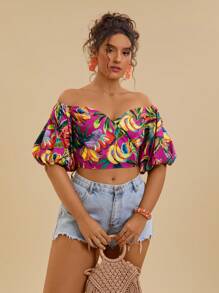 Travachic 大码热带印花灯笼袖露肩短款衬衫 - 彩色 - 查看 2
