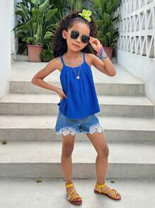 SHEIN 年轻女孩休闲/度假蓝色无袖纹理背心，适合度假、海滩 - 藍色 - 查看 5