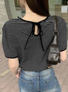 DAZY Women's Round Neck Striped Casual Short Sleeve T-Shirt Cute Tops
