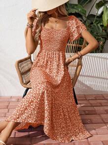 Breezaya 方领碎花休闲夏季短袖连衣裙超长度假海滩装女装 - 亮橙色 - 查看 6