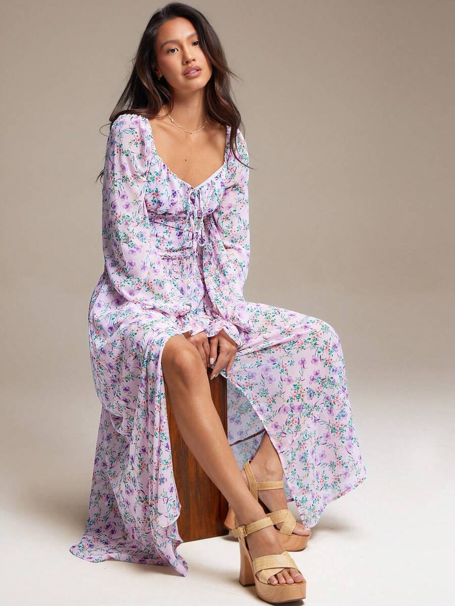 WESTFADE Spring Printed Chiffon Tiered Maxi Skirt With Slit - Pink - View 1