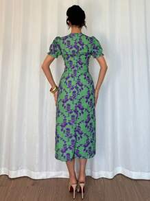 Rafferiza 优雅花卉印花交叉V领泡泡袖修身连衣裙 - 彩色 - 查看 2