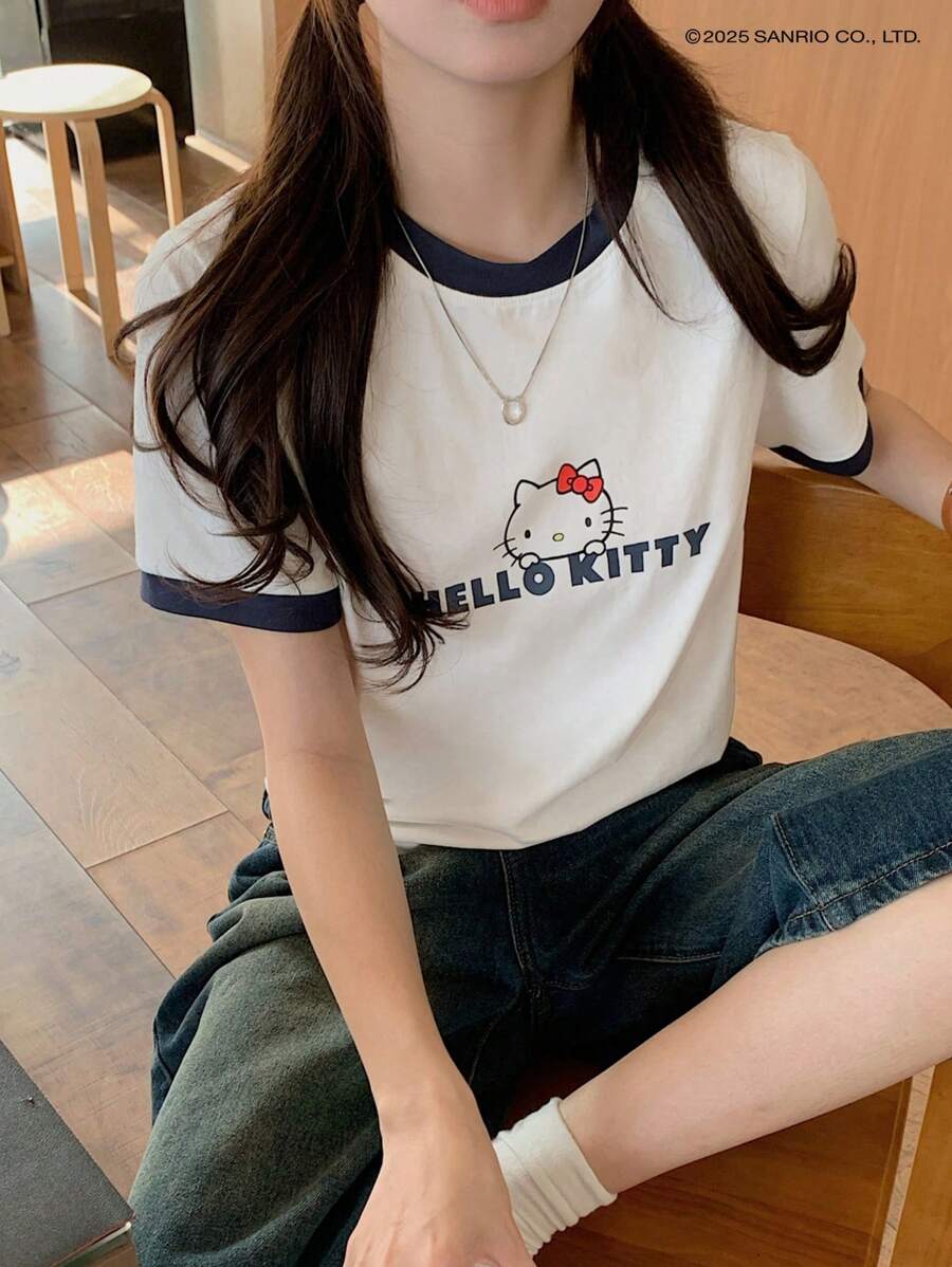 HELLO KITTY | DAZY IP撞色卡通印花短袖T恤，女款可爱上衣，教师款 - 白色 - 查看 1