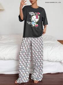 HELLO KITTY | DAZY 2 件套可爱卡通印花上衣和宽松全身印花直腿裤睡衣套装女士 - 灰色 - 查看 4