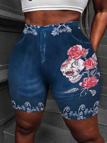 INAWLY Plus Size Floral Print Summer Elastic Waist Cycling Shorts - Multicolor - View 2