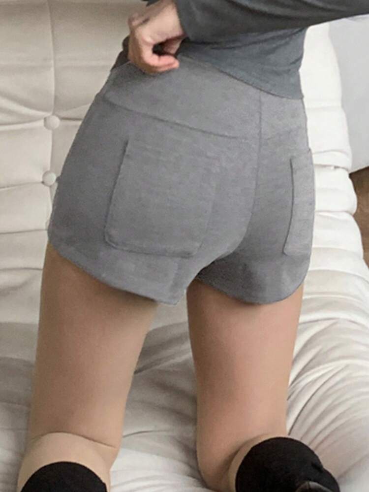Grey Elastic Waist Tight Fitted Shortss For Women, Summer