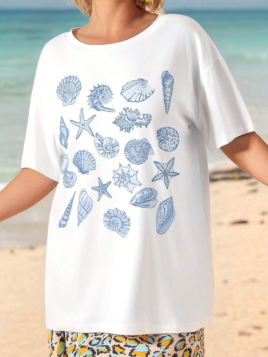 Breezaya 海滩元素海星贝壳印花女式圆领宽松短袖加大码 T 恤，夏季 - 白色 - 查看 1