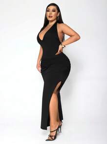 SHEIN SXY Set da 2 pezzi di taglia comoda, composto da body aderente con schiena profonda e gonna dritta con spacco alto, adatto per strada, casual, sexy, vita quotidiana, viaggi, shopping, appuntamenti. Fresco e comodo da indossare, facile da abbinare, slanciante e valorizzante per la figura.