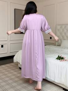 Dazy Plus Plus Size Purple Contrast Lace V-Neck Loose Long Nightgown Pajama - Purple - View 2